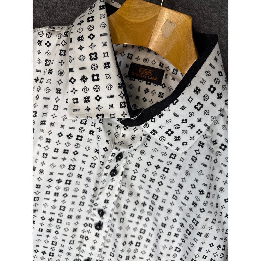 Steven Land White Black Geometric Long‎ Sleeve Button Up Shirt Mens Size 19 XXL